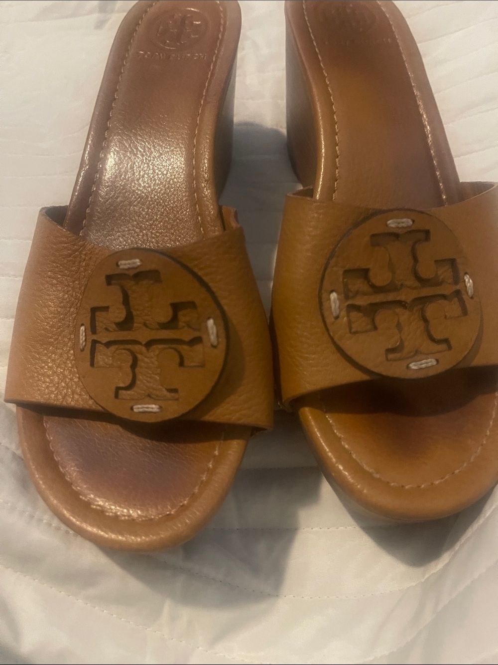 Tory Burch Cognac Leather Logo Slide Mules